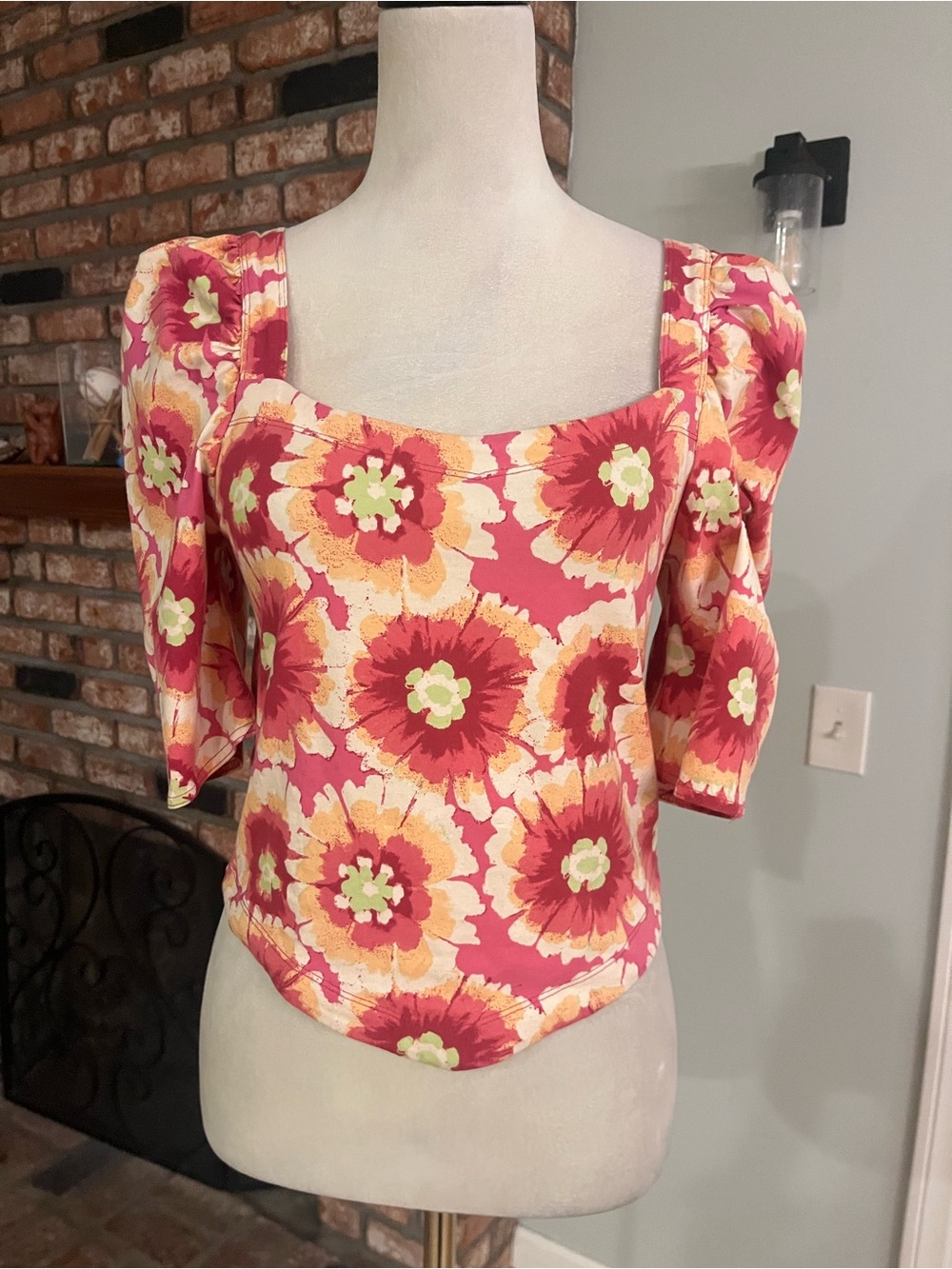Free People nwot Pink Floral Square-Neck Puff Sleeve Blouse